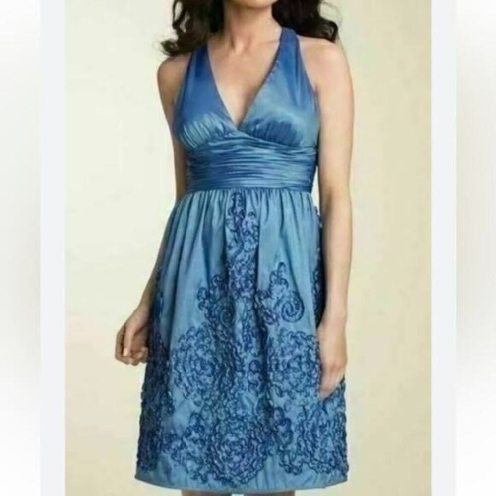 Adrianna Papell Rosette Halter Taffeta Blue Floral Formal Dress Size 10